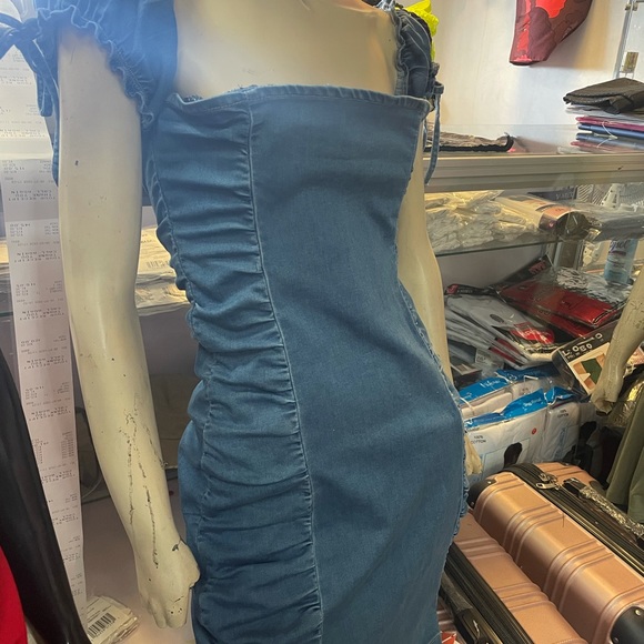 Ruched Denim Mini Dress - Picture 2 of 7